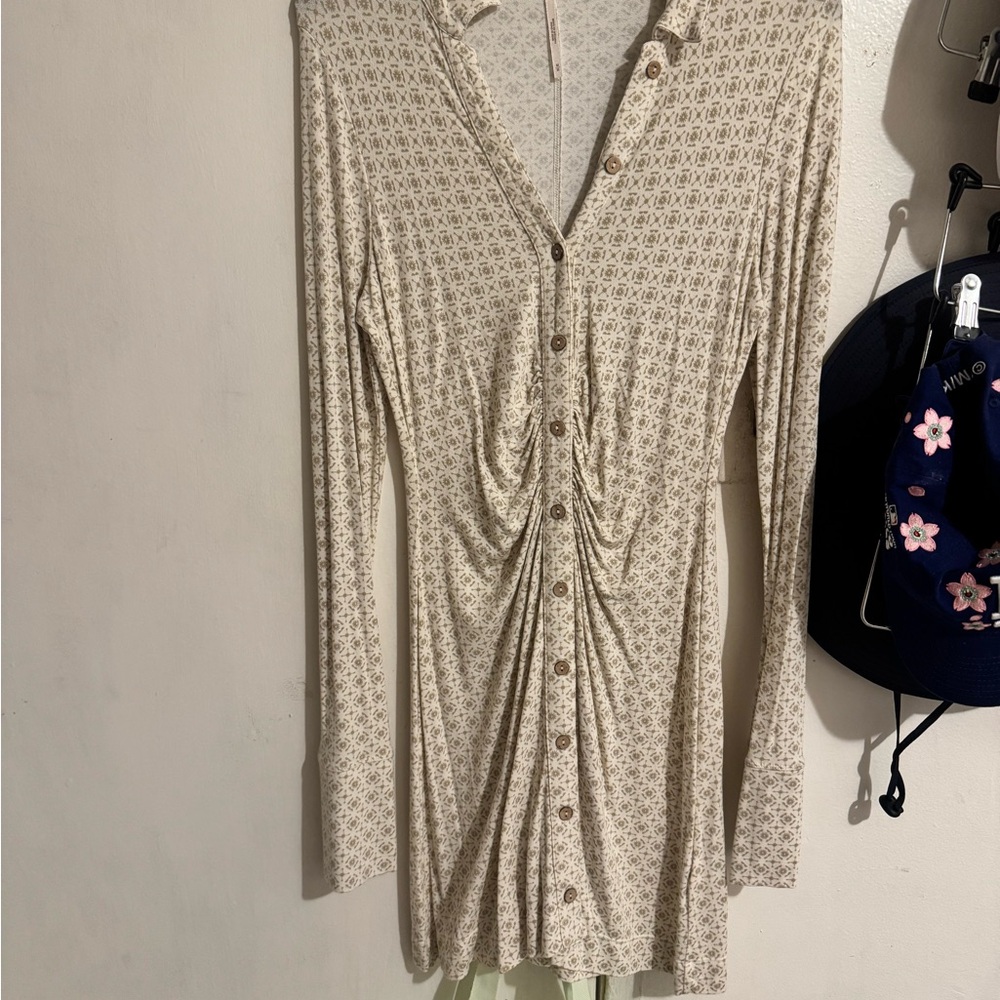 Free People Beige Floral Long Sleeve Button Front Dress